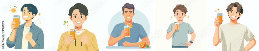 vector set of young men drinking orange juice vector set of young men drinking orange juice