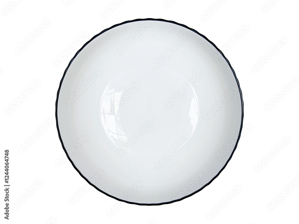 Empty white plate with black rim isolated on white background with clipping path. Top view of elegant ceramic plate mockup with scalloped edges for food design and table settings. Flat lay. Empty white plate with black rim isolated on white background with clipping path. Top view of elegant ceramic plate mockup with scalloped edges for food design and table settings. Flat lay.