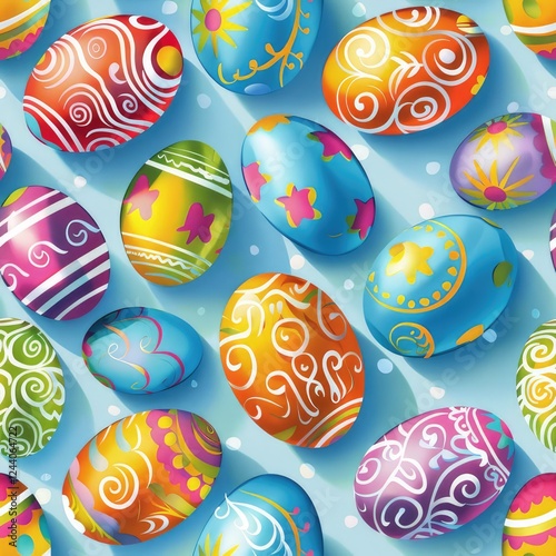 A vibrant pattern of colorful Easter eggs on a blue backdrop