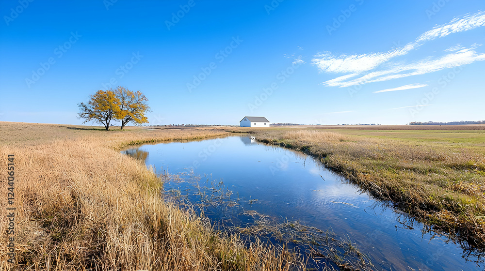 Autumn farm, tranquil stream, white barn, golden fields Autumn farm, tranquil stream, white barn, golden fields