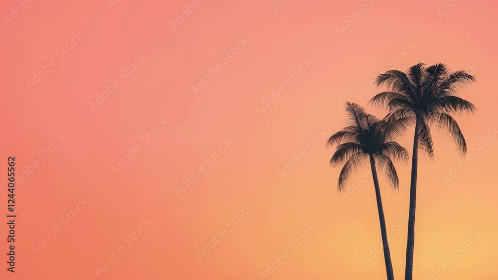 Tranquil scene of palm trees gently swaying against a stunning orange sunset background, evoking a sense of peacefulness and holiday relaxation