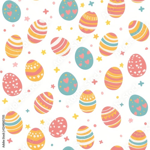 A seamless pattern of colorful Easter eggs on a white background