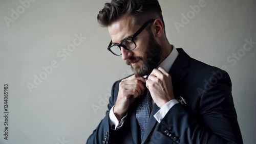 Elegant Man Adjusting His Tie, Sophisticated Business Portrait