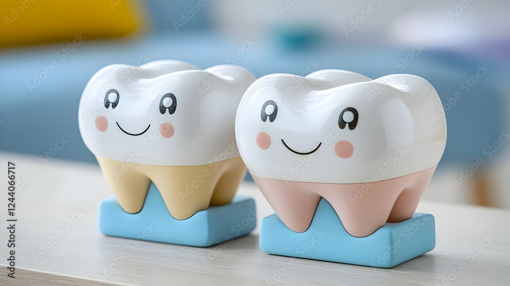 Obraz premium Happy teeth models on table, dental care