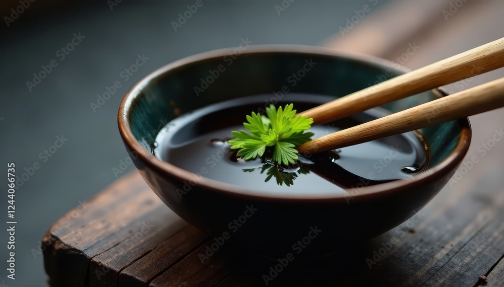 Dark stone, chopsticks resting on edge of soy sauce bowl , shadow, wet Dark stone, chopsticks resting on edge of soy sauce bowl , shadow, wet