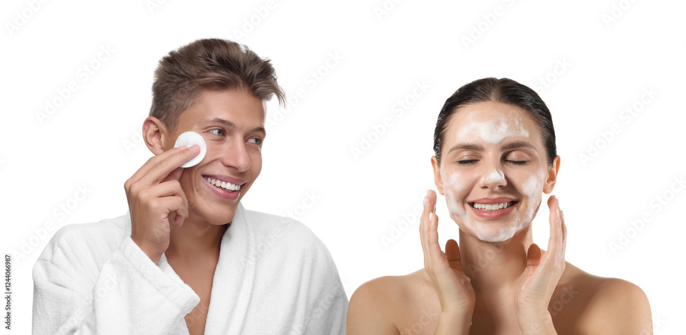 Facial treatment. Woman and man taking care of their skin on white background Facial treatment. Woman and man taking care of their skin on white background