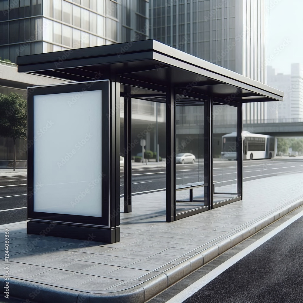 The image depicts a city street scene featuring a bus shelter as the central focus
The image depicts a city street scene featuring a bus shelter as the central focus