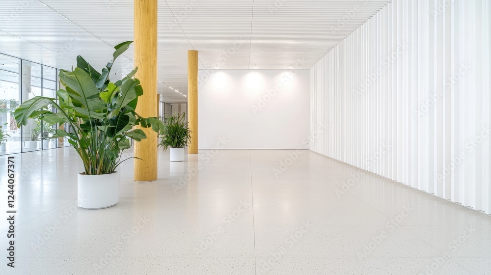 Fototapeta premium Modern building lobby, plants, white walls, spacious interior, corporate setting
