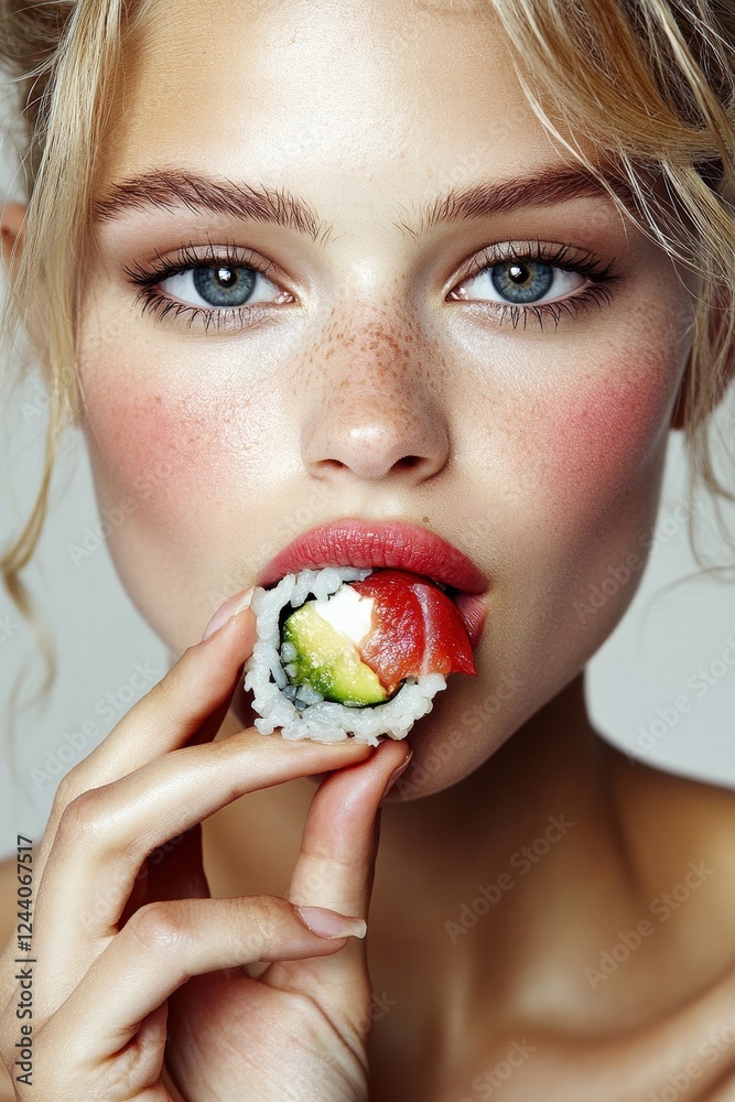 A stunning young woman prepares to savor a sushi roll, combining grace with the art of fine dining. A stunning young woman prepares to savor a sushi roll, combining grace with the art of fine dining.