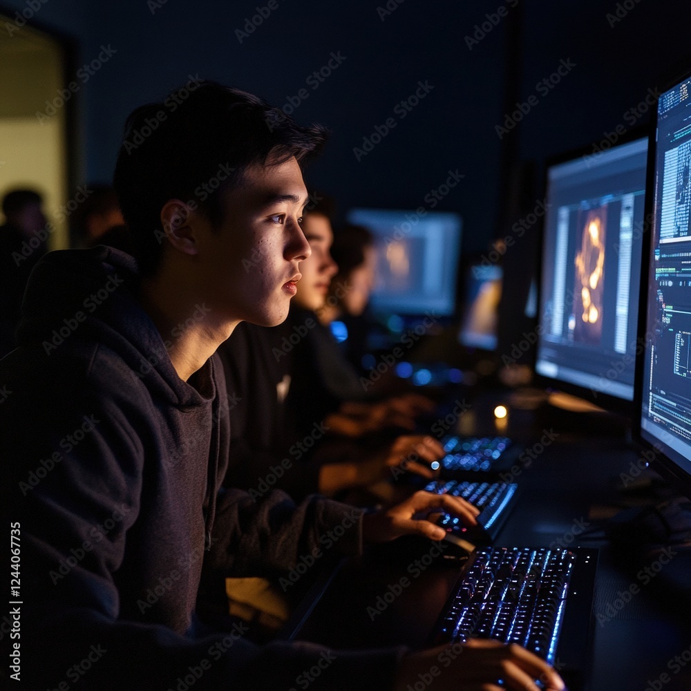 Young gamers intensely engaged with screens, highlighting concentration in a dark, tech-inspired environment. Young gamers intensely engaged with screens, highlighting concentration in a dark, tech-inspired environment.