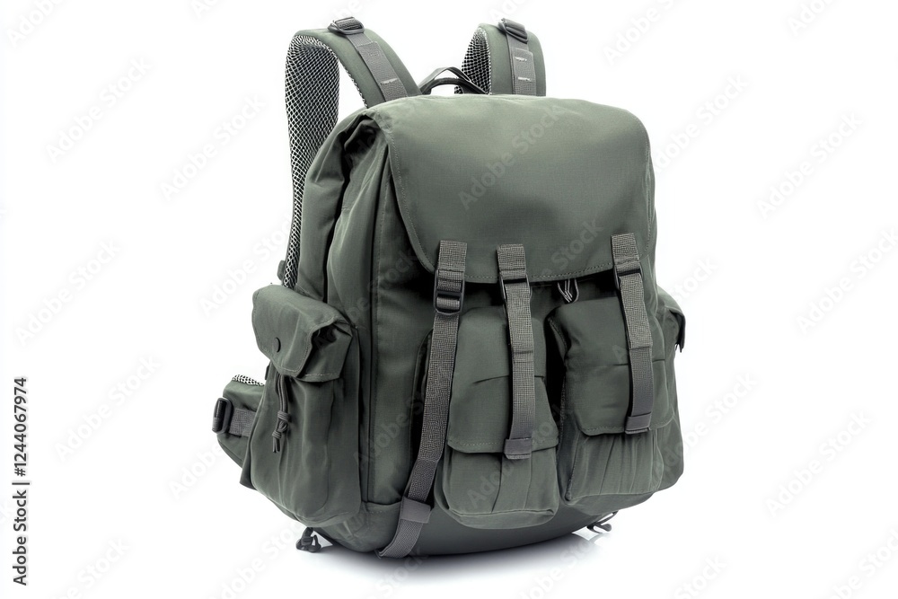 A green backpack resting on a white surface, ideal for outdoor adventure and travel use A green backpack resting on a white surface, ideal for outdoor adventure and travel use