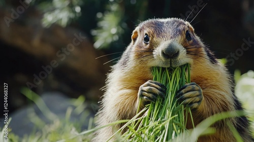 A groundhog munching on grass in a sunny meadow photo