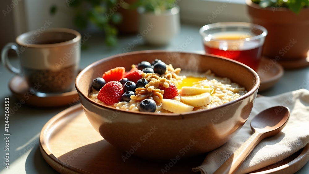 A wholesome breakfast featuring creamy oatmeal, fresh banana slices, blueberries, strawberries, almonds, walnuts, honey drizzle, herbal tea, and chia seeds, served in warm natural lighting. A wholesome breakfast featuring creamy oatmeal, fresh banana slices, blueberries, strawberries, almonds, walnuts, honey drizzle, herbal tea, and chia seeds, served in warm natural lighting.