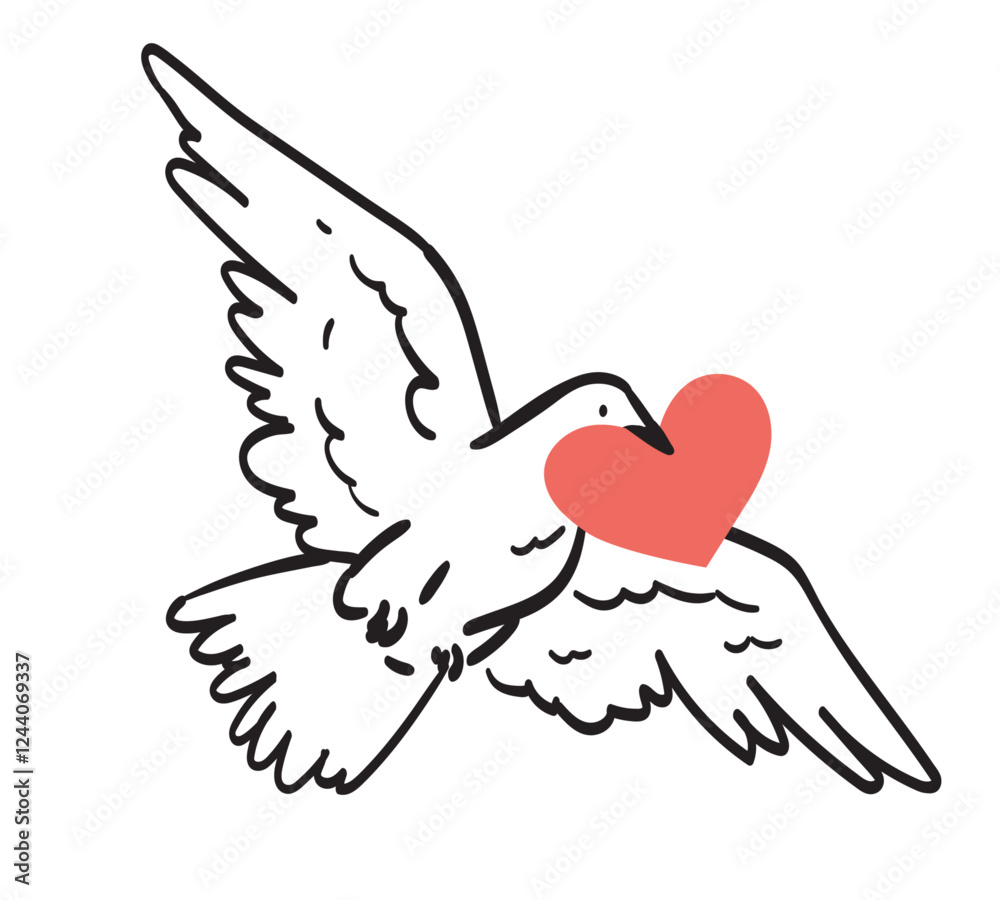 Obraz premium White dove with love letter flying. Vector illustration for the Valentine's Day in retro doodle style. Flying pigeon with heart shape message for beloved one. Drawing for banner, greeting or postcard.