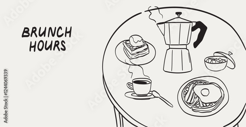 Morning breakfast food and coffee menu cover design. Business breakfast and brunch dishes poster, cafe or restaurant banner. Vintage hand drawn doodle sketch vector illustration. Line art ink style.