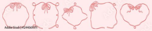 Round, square and heart frames with bow and ribbons. Hand Drawn coquette borders for wedding invitation. Whimsical frames for birthday card, menu, party graphic design . Minimalist fancy line art.