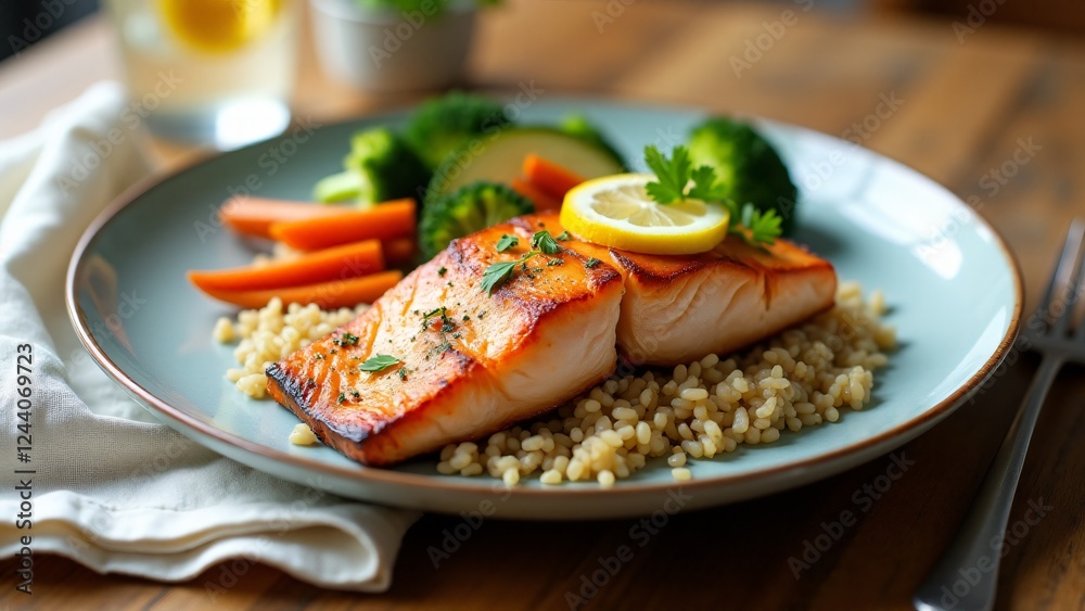 A nutritious plate with grilled salmon, brown rice, steamed broccoli, carrots, and zucchini, garnished with lemon and parsley, served with infused water in soft natural lighting.