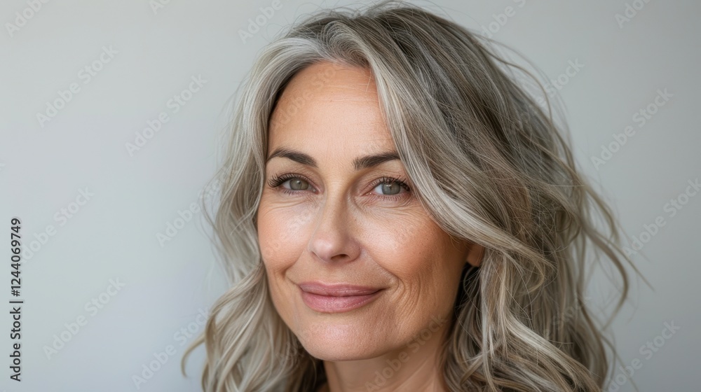 A confident woman with wavy, silver hair smiles gently at the camera, showcasing a natural and approachable vibe, This image is perfect for wellness, beauty, or age positivity themes in marketing, A confident woman with wavy, silver hair smiles gently at the camera, showcasing a natural and approachable vibe, This image is perfect for wellness, beauty, or age positivity themes in marketing,