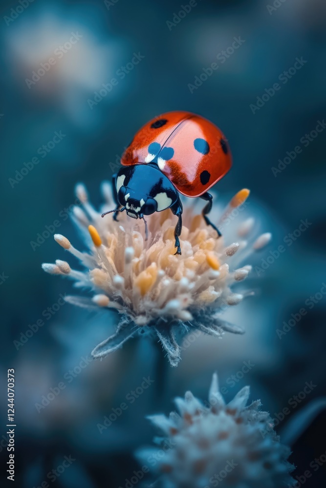 Obraz premium A ladybug sits on the petals of a colorful flower, surrounded by greenery