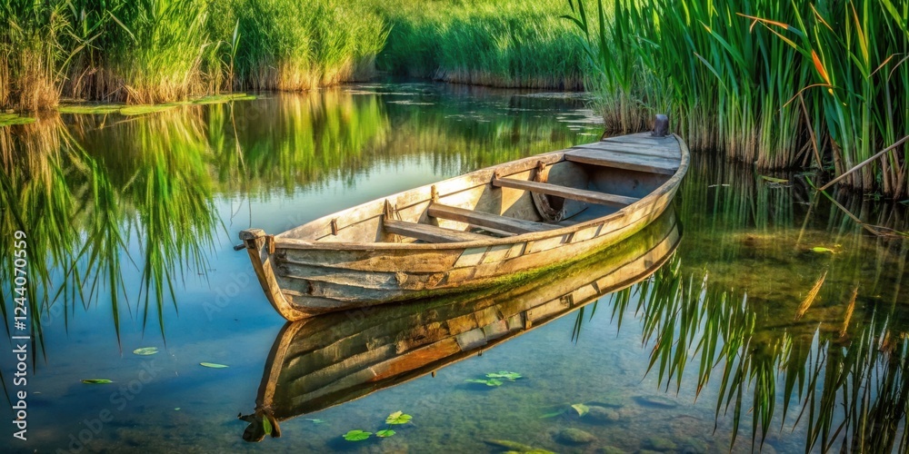 Serene wooden rowboat gently floats on tranquil waters, mirrored in the calm surface, surrounded by lush green reeds Serene wooden rowboat gently floats on tranquil waters, mirrored in the calm surface, surrounded by lush green reeds