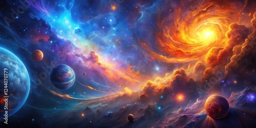Cosmic Panorama Planets  Nebulae  and Celestial Swirls in Vibrant Hues