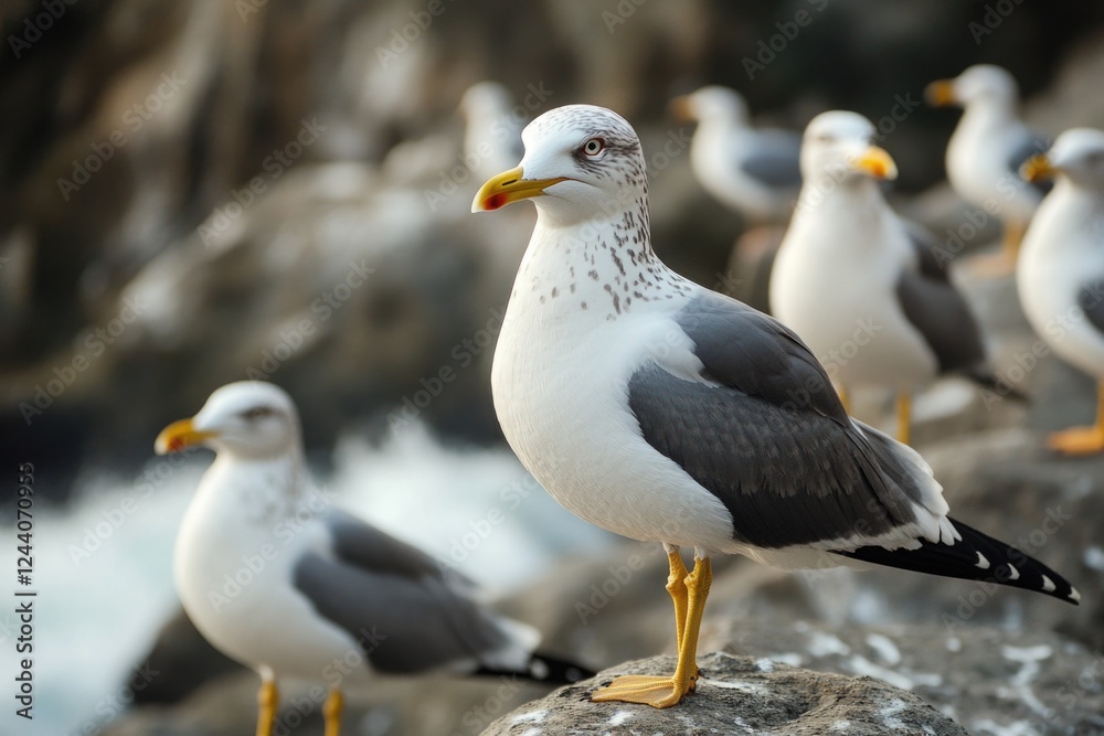 A group of seagulls perched on the edge of a rocky outcropping, looking out at the sea A group of seagulls perched on the edge of a rocky outcropping, looking out at the sea
