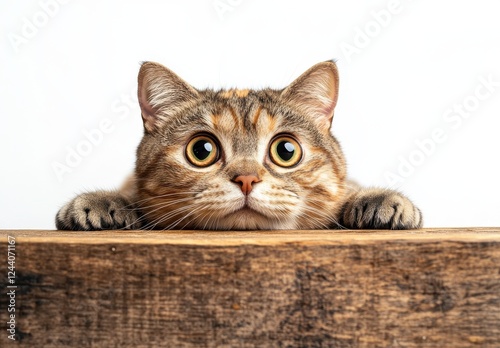 Wallpaper Mural Adorable indoor cat with large expressive eyes peeking over a rustic wooden surface against a plain white background, capturing curiosity and playfulness Torontodigital.ca