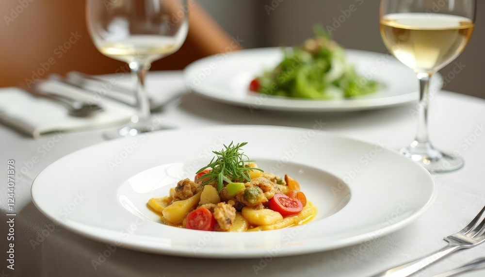 Elegant fine dining experience: gourmet gnocchi dish with white wine pairing Elegant fine dining experience: gourmet gnocchi dish with white wine pairing