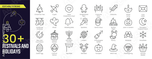 Festivals and Holidays Stroke icon collections. Containing Christmas Tree, Valentine’s Day, Sparklers, Lantern, Pumpkin, Thanksgiving, and More icons. Editable Stroke icon collection Outline icons