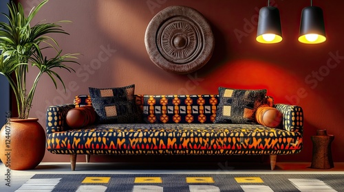 A relaxing living room setup with a bold African-patterned sofa