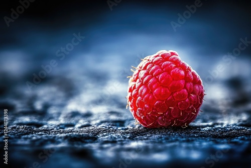 A single raspberry sits atop a dark surface, ready for consumption