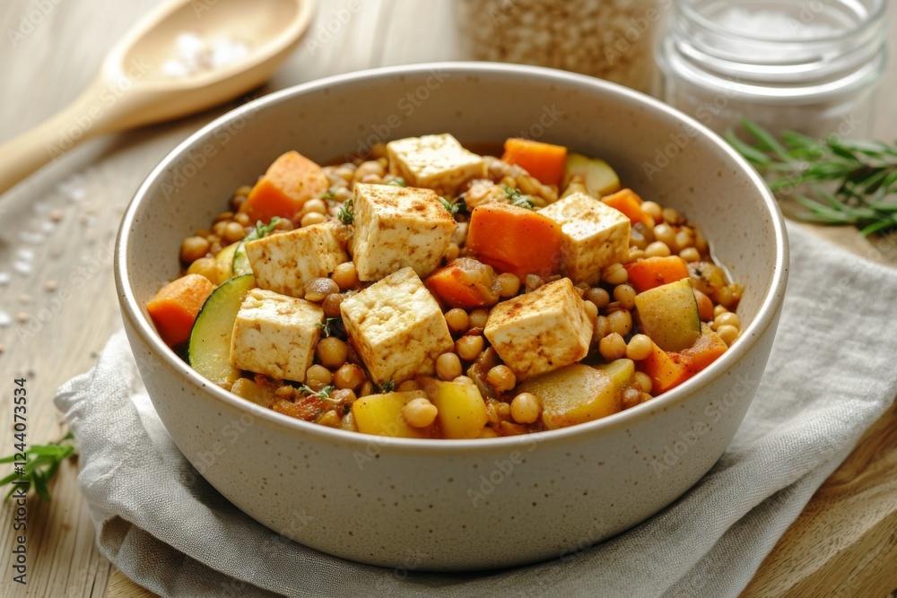 Vegan stew with chickpeas, lentils, tofu, and roasted vegetables in a light ceramic bowl on a rustic wooden table Vegan stew with chickpeas, lentils, tofu, and roasted vegetables in a light ceramic bowl on a rustic wooden table