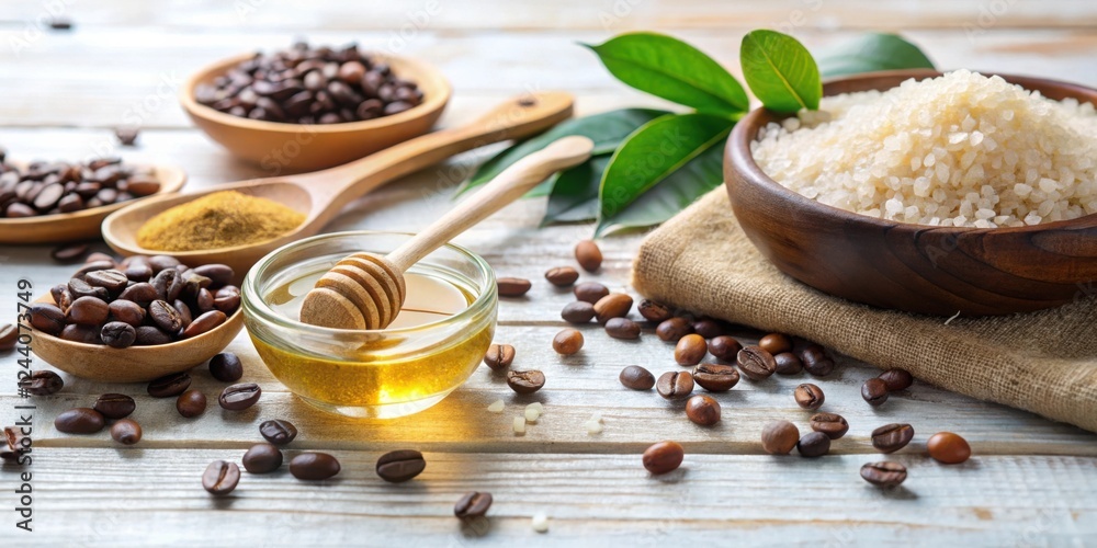 Fototapeta premium Luxurious Spa Treatment Ingredients Featuring Honey, Coffee Beans, and Aromatic Salts