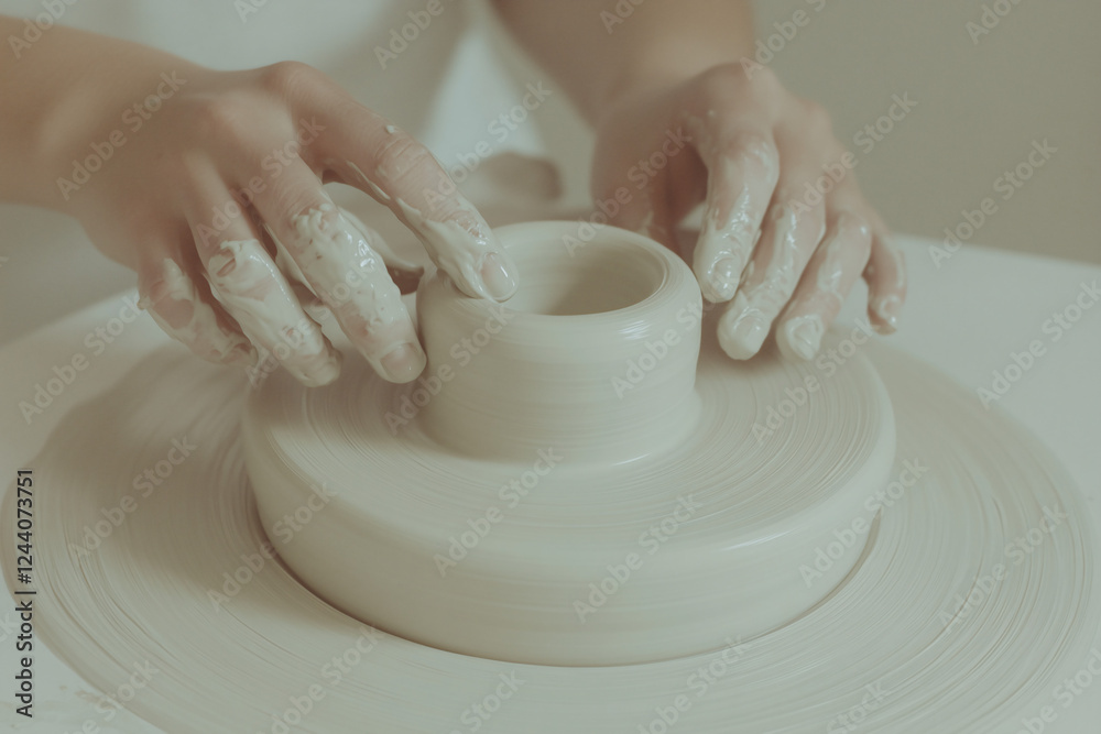 Clay and Creativity: A pair of skilled hands sculpt clay on a pottery wheel, the smooth, soft texture and the rhythmic spin of the wheel creating a symphony of tactile and visual artistry. Clay and Creativity: A pair of skilled hands sculpt clay on a pottery wheel, the smooth, soft texture and the rhythmic spin of the wheel creating a symphony of tactile and visual artistry.