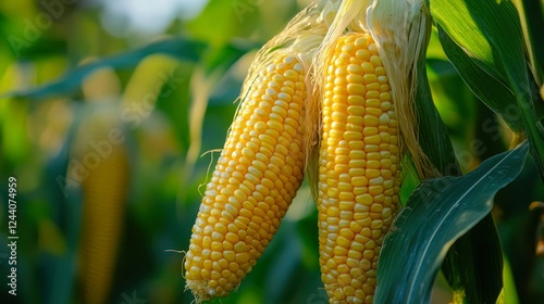 Fresh corn on the cob hangs from green stalks in a field, showcasing its vibrant yellow kernels, This image is ideal for agricultural themes, cooking, or farm-related media, photo