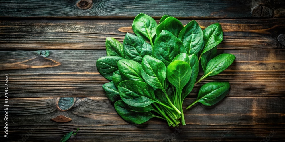 Vibrant Green Spinach Leaves on Rustic Wooden Surface Vibrant Green Spinach Leaves on Rustic Wooden Surface