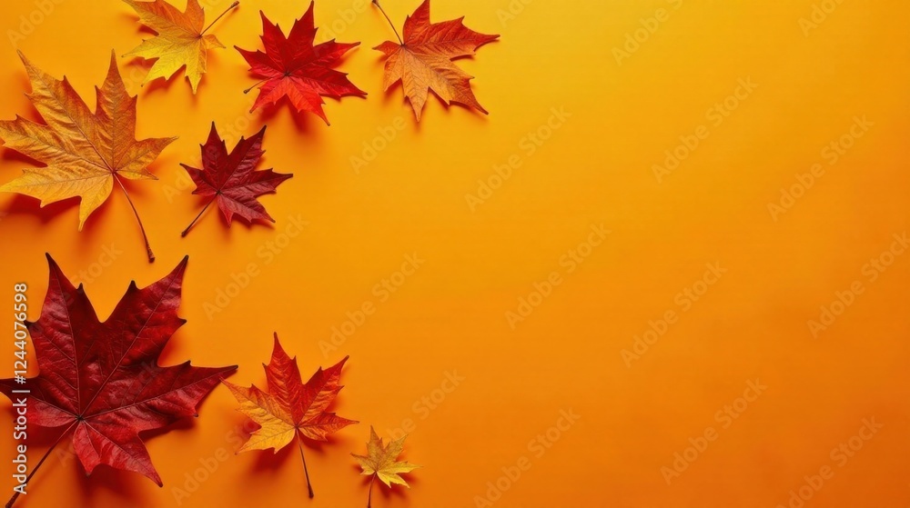 Autumnal Leaf Arrangement on Vibrant Orange Background A Festive Design Element for Seasonal Celebrations Autumnal Leaf Arrangement on Vibrant Orange Background A Festive Design Element for Seasonal Celebrations