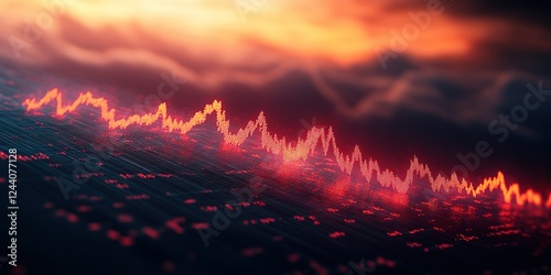 Data analysis shows market fluctuation trends at sunset over a digital landscape with a colorful sky