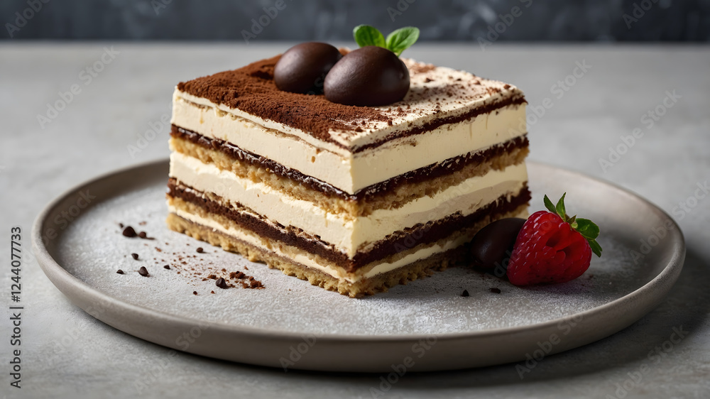 Delicious piece of tiramisu cake on a plate, perfect for food blogs, restaurant menus, dessert recipes, and social media posts Delicious piece of tiramisu cake on a plate, perfect for food blogs, restaurant menus, dessert recipes, and social media posts