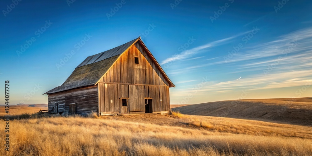 Obraz premium Rustic Wooden Barn on a Golden Prairie Under a Vast Blue Sky