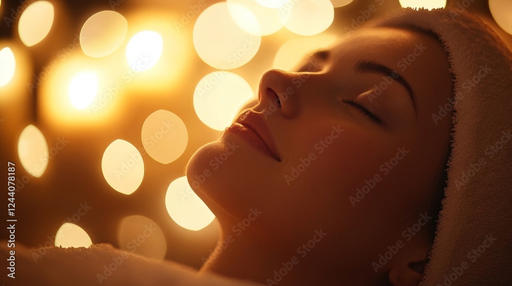 Serene Woman Enjoys a Luxurious, Relaxing Spa Facial Treatment With Ambient Candlelight Serene Woman Enjoys a Luxurious, Relaxing Spa Facial Treatment With Ambient Candlelight