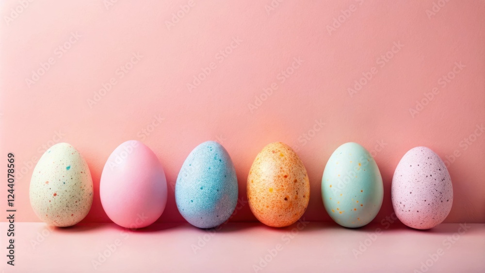 Pastel Speckled Eggs Arranged on Pink Background for Springtime Celebration Pastel Speckled Eggs Arranged on Pink Background for Springtime Celebration