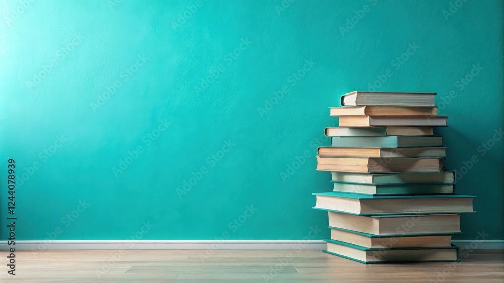 A Stack of Books Against a Teal Wall in a Room A Stack of Books Against a Teal Wall in a Room