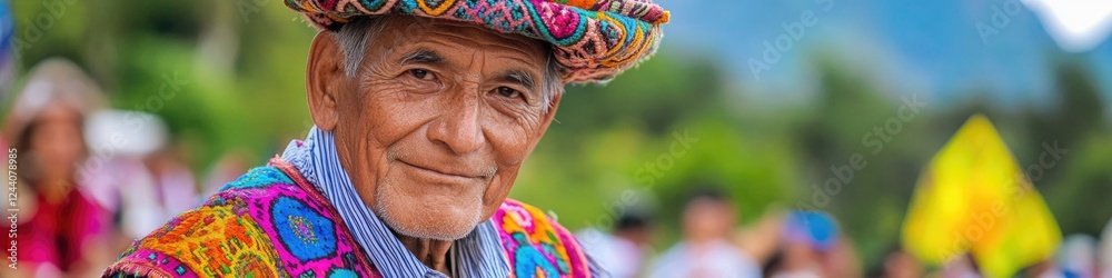 An elderly gentleman dressed warmly in a brightly colored hat and scarf, great for winter or outdoor scenes