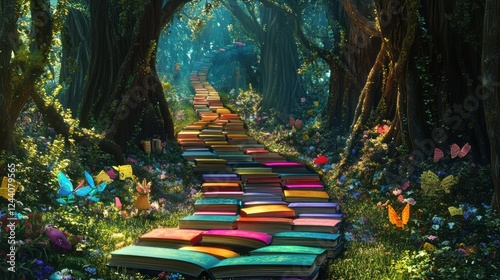 Book path flows through forest, nature, magic, knowledge, education, adventure background