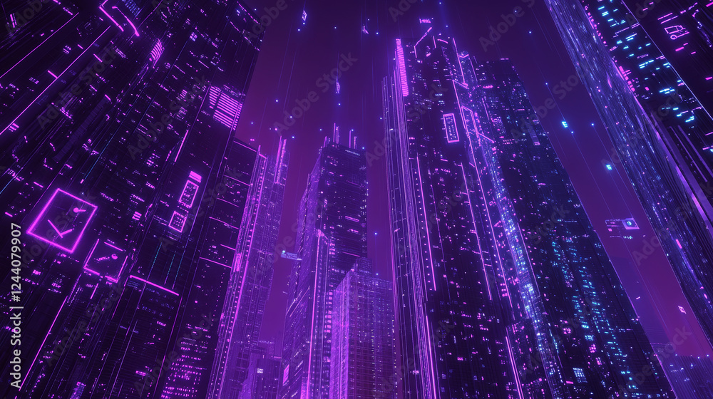 Fototapeta premium 5G network technology, isometric concept vector illustration. Smart city, tall buildings with 5G symbol wireless internet isolated on ultraviolet background. High speed internet web page