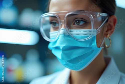 Close-Up of a Female Scientist Wearing Protective Gear in a Laboratory Environment, Focused on Research and Experimentation Amidst Laboratory Equipment photo