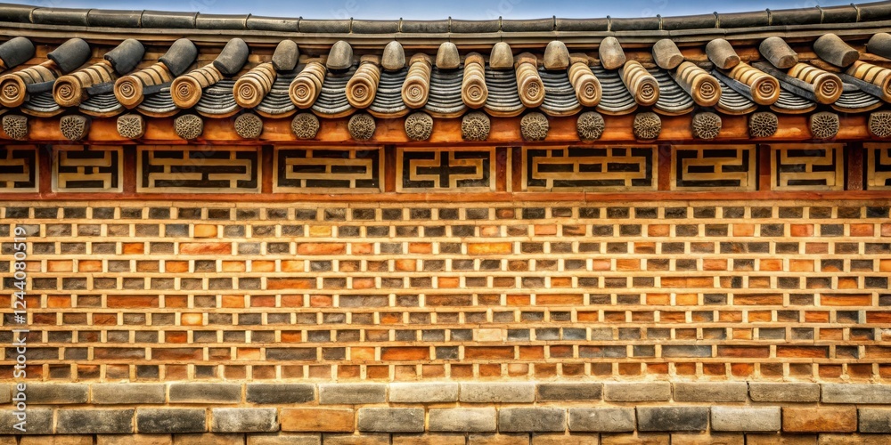 Obraz premium Intricate Brick Wall with Ornate Roof Detailing and Geometric Patterns