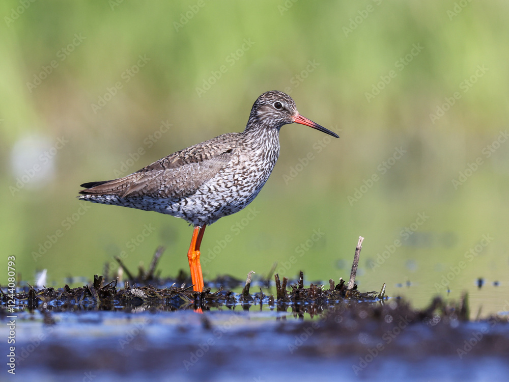 A Redshank wading in shallow water looking for food A Redshank wading in shallow water looking for food