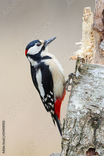 A woodpecker searching for food in a tree trunk